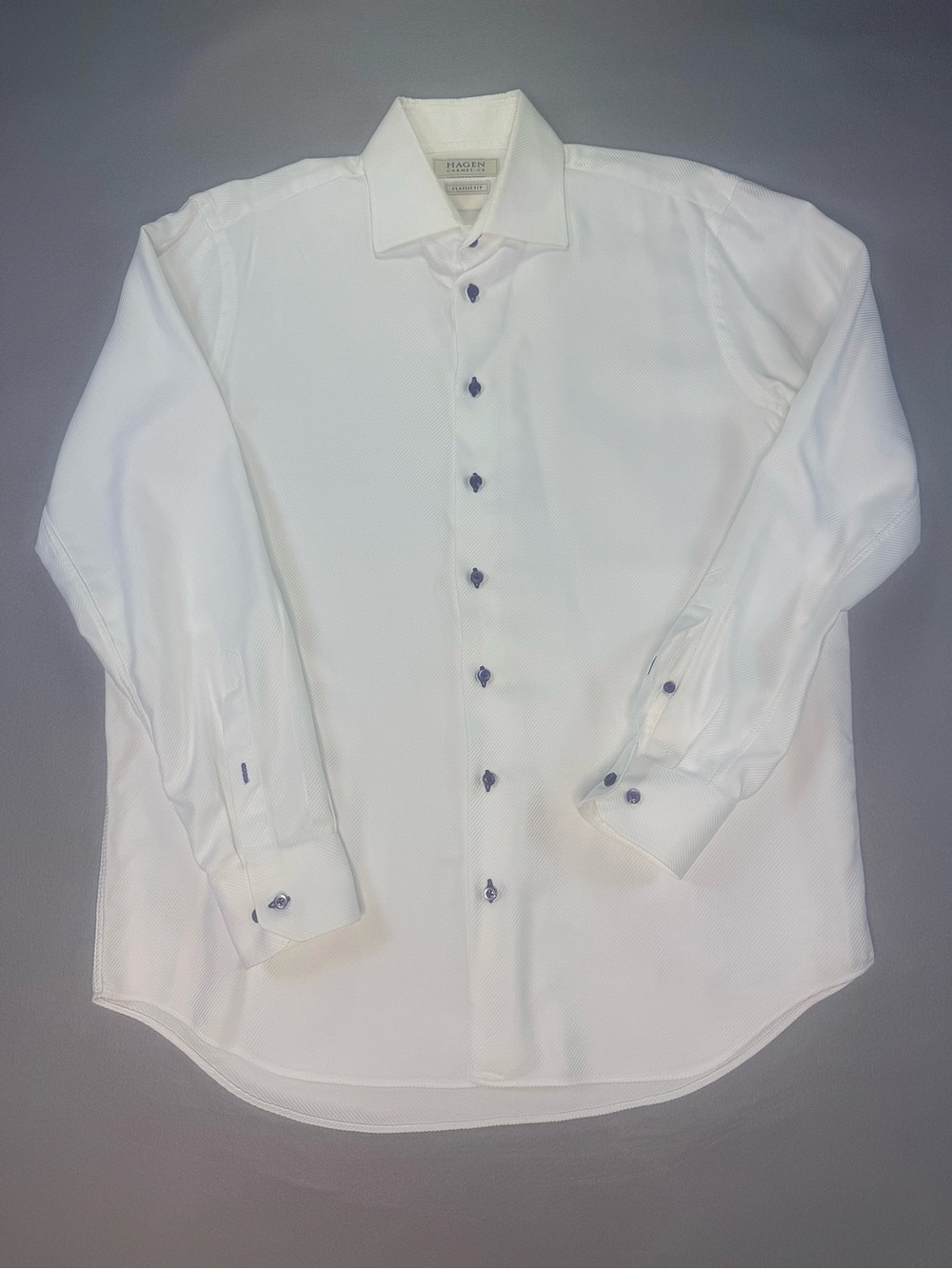 Hagen Carmel CA Men’s 16.5 34/35 White Dress Shirt Purple Buttons
